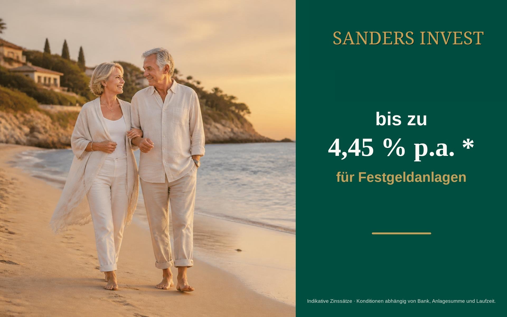 Älteres Ehepaar am Strand — bis zu 4,45 % p.a. für Festgeldanlagen