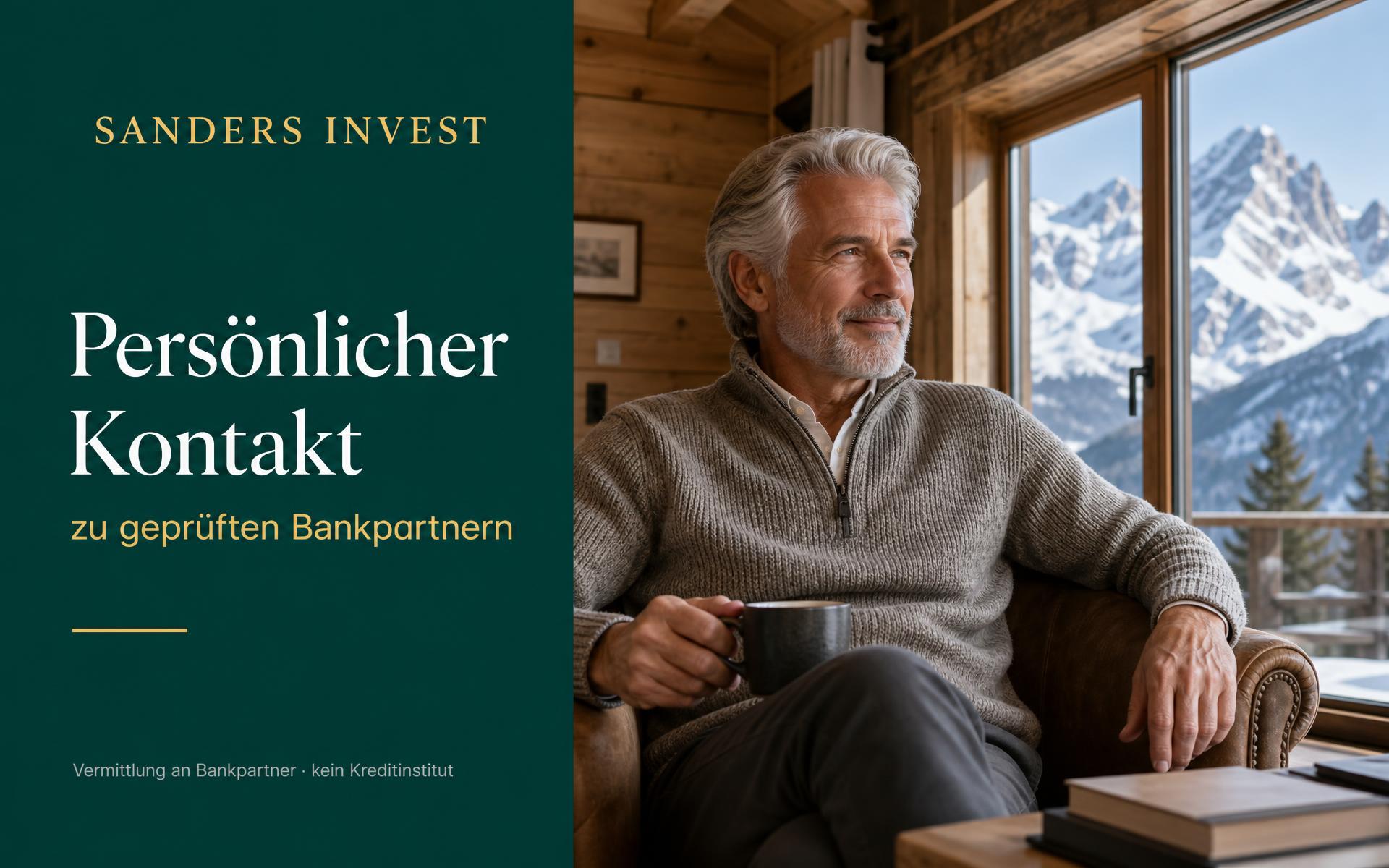 Älterer Herr im Chalet mit Bergblick