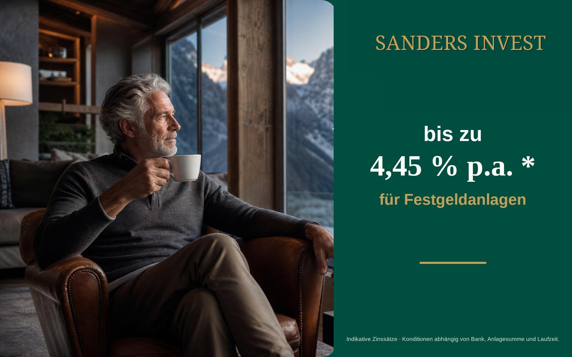 Älterer Herr im Chalet mit Bergblick — bis zu 4,45 % p.a. für Festgeldanlagen